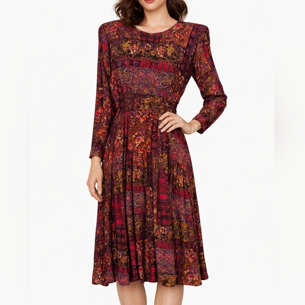Vintage 80s Boho Tapestry Floral Paisley Patchwork Midi Dress Sz Medium